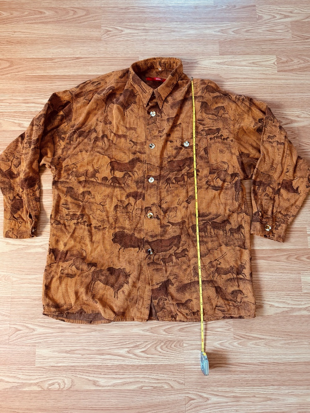 Signum Germany Vintage Cave Painting Buffalo Deer Corduroy Shirt Rust Brown XL